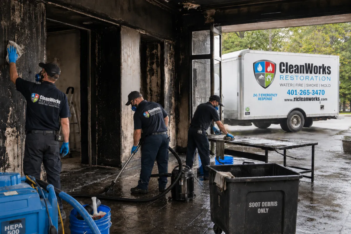 Cleanworks fire and soot damage restoration team at work in Rhode Island